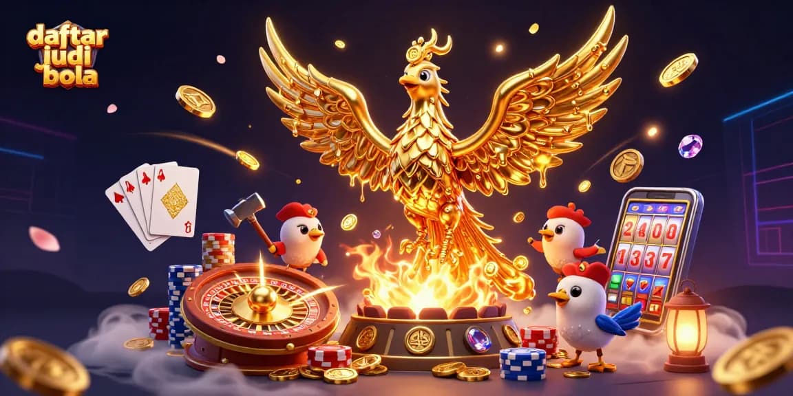 Bet on daftar judi bola with excitement, featuring golden phoenix, coins, and casino elements.