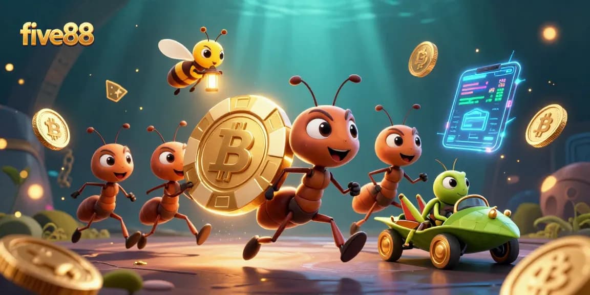 Join the five88 team of cartoon ants in a thrilling heist for a giant poker chip amid glowing crypto coins.