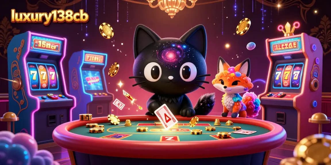 luxury138cb captivates with a cosmic casino scene featuring a black hole cat and nebula fox pulling in golden chips.