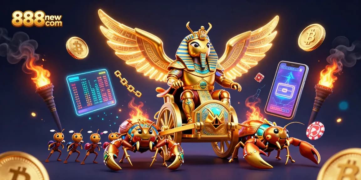 Engaging gamers at 888new com with a vibrant 3D illustration of a golden scarab chariot surrounded by crypto coins.