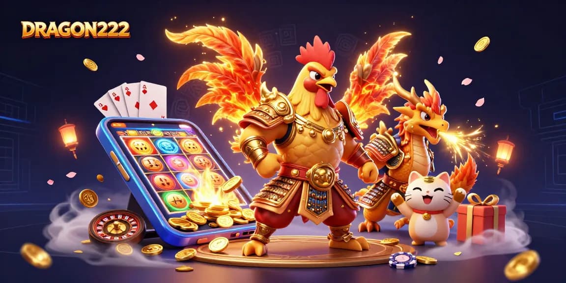Win big with DRAGON222 as a mighty rooster warrior and dragon hatchling celebrate jackpot adventures.