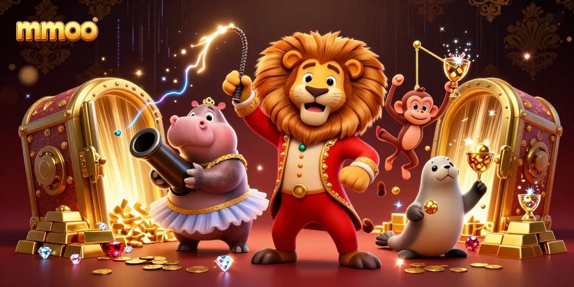 Experience the thrill of mmoo gaming with a vibrant circus scene featuring lively characters and casino treasures.