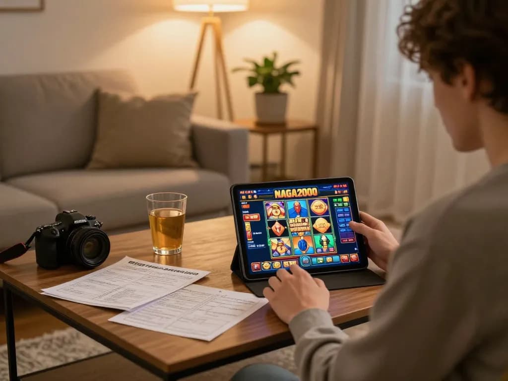 NAGA2000 player engaging in exciting slot gameplay on a tablet in a cozy living room.