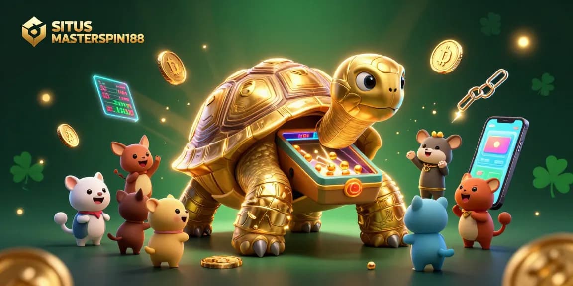 Engage with SITUS MASTERSPIN188's vibrant gaming scene featuring a golden tortoise pinball machine in a rich casino setting.