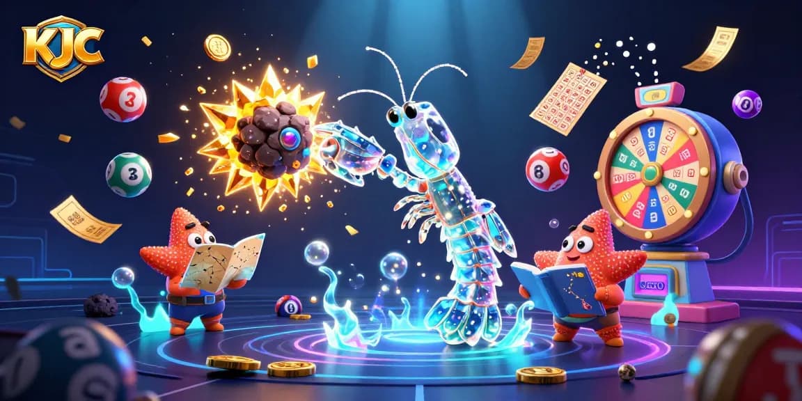 KJC invites players to explore a vibrant casino universe filled with lottery balls and golden coins in a dynamic 3D scene.