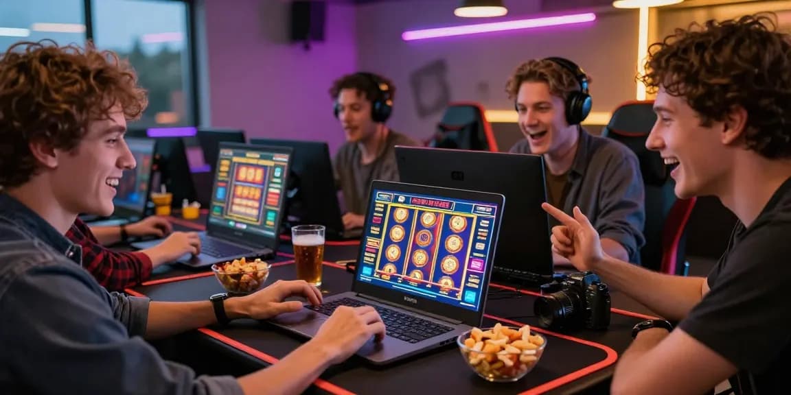 Friends playing at credit card casinos with vibrant graphics, snacks, and drinks in cozy gaming setup.