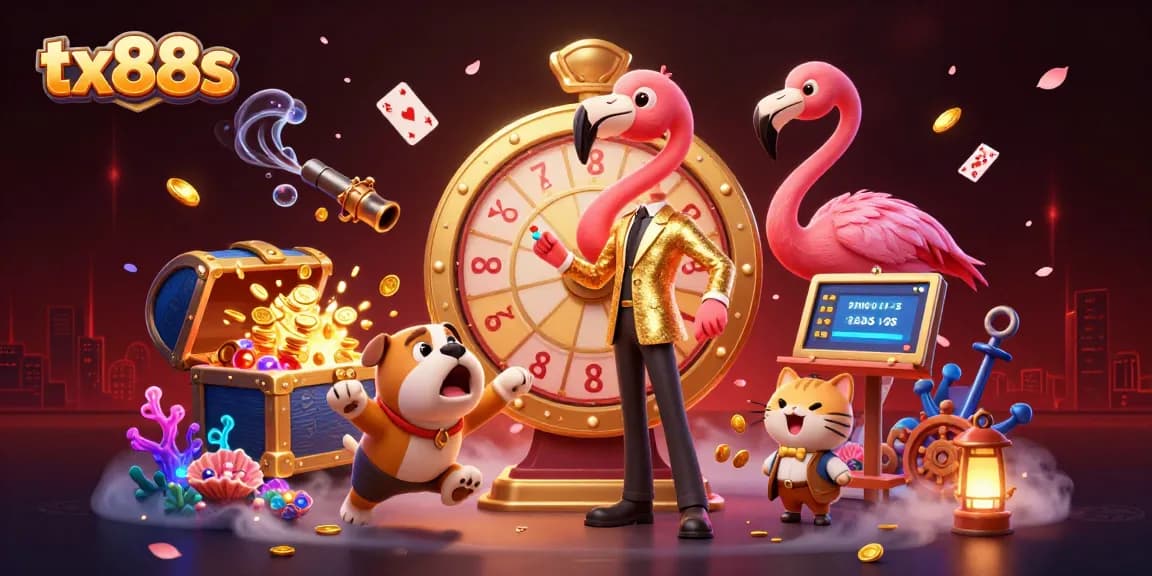 Engage in exciting gameplay at tx88s with prize wheels, vibrant characters, and dynamic casino elements.