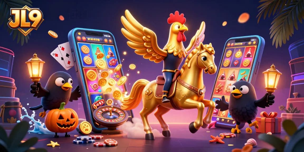JL9 showcases a golden rooster riding a spectral horse in a vibrant casino, embodying thrilling gaming elements.