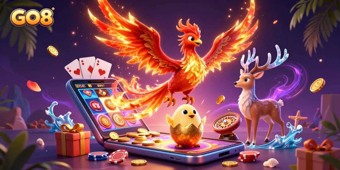 Engage with GO8's vibrant phoenix-themed gambling experience featuring slots and dynamic gaming elements.