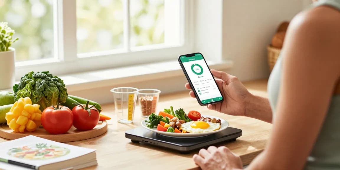 Using the best calorie tracker app in a vibrant kitchen for healthy meal prep.