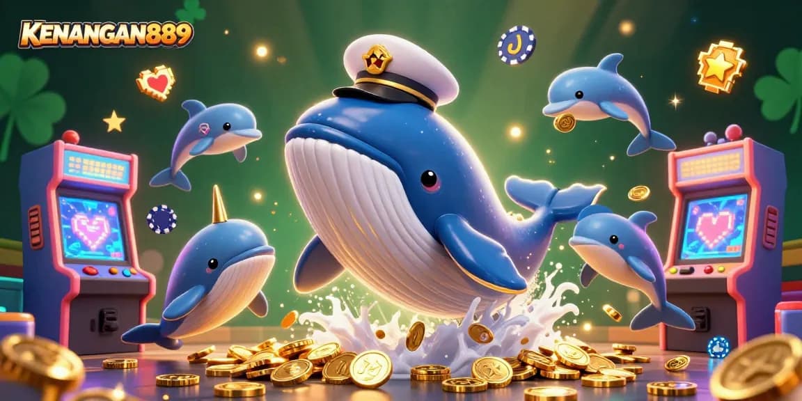 Experience jackpots with KENANGAN889 through playful casinoscape featuring whales and vibrant game elements.