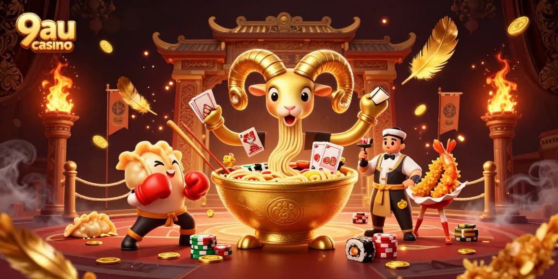 Join the excitement at 9au casino with a vibrant 3D scene featuring a giant ramen bowl dealer.