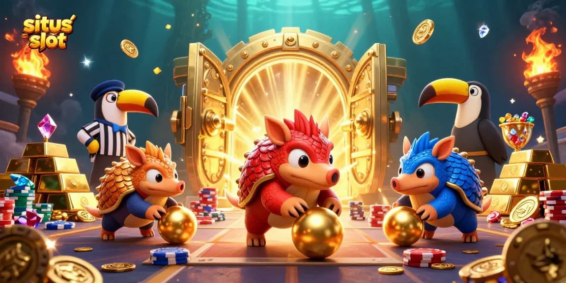 Menggali jackpot di situs judi slot dengan pangolin bersaing dan tumpukan chip poker.