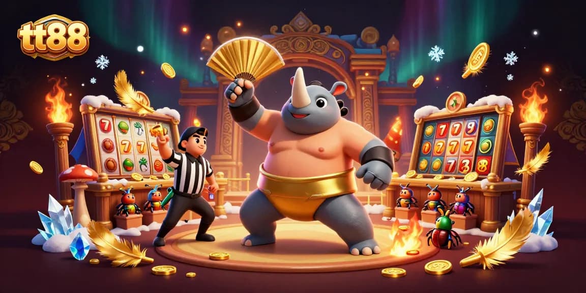 Experience thrilling gameplay at tt88 with a vibrant 3D casino scene featuring a sumo beetle champion!