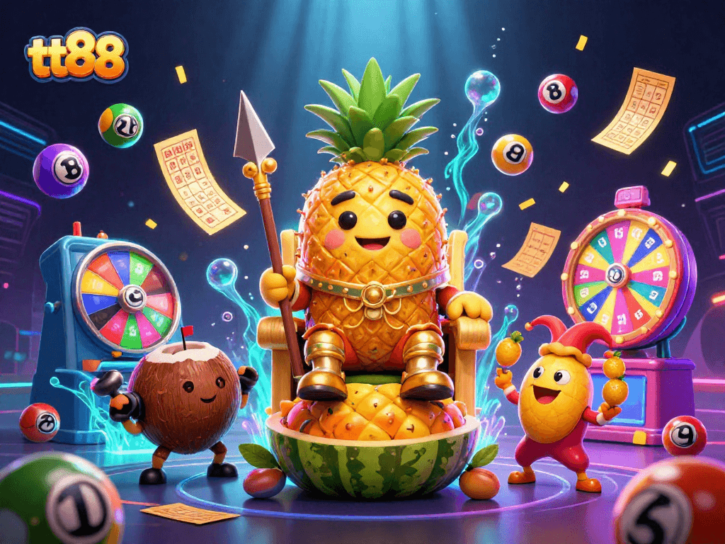 Engage with tt88 in an exciting casino scene featuring a golden pineapple king and dynamic colorful elements.