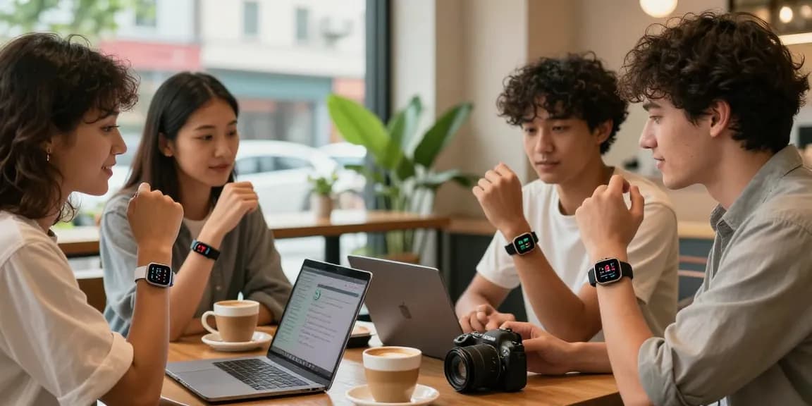 Friends discussing smart rings at a café, showcasing health tracking features and stylish designs.