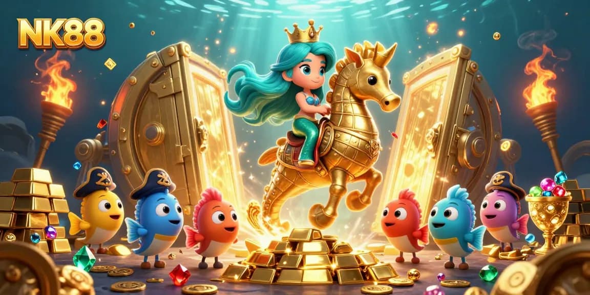 Experience top gaming thrills at NK88 with a vibrant underwater casino adventure featuring treasure hunting and joyous mermaids.