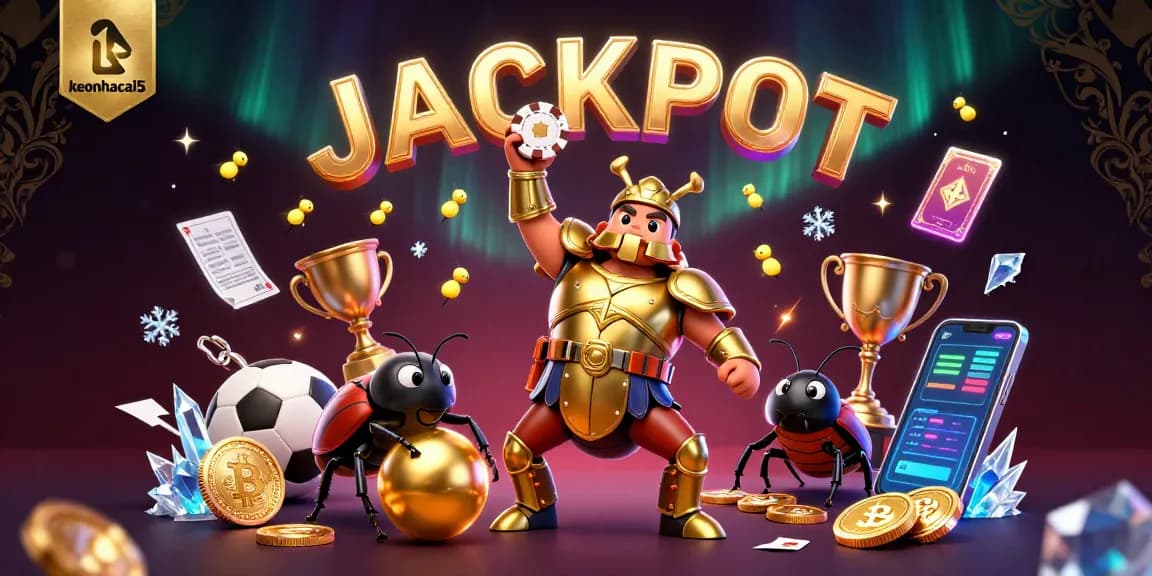 Engage with keonhacai5 as a cartoon hercules beetle celebrates a victory lift of poker chip amidst a vibrant sports betting scene.