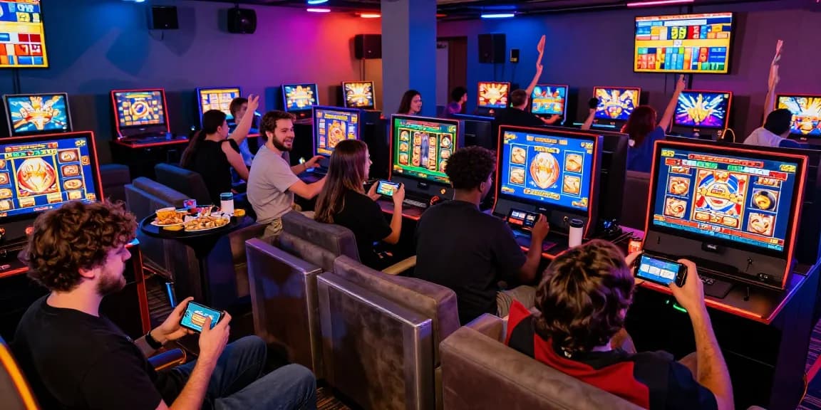 Players engaging with slot games on their devices at a vibrant gaming lounge celebrating ZEUS222.