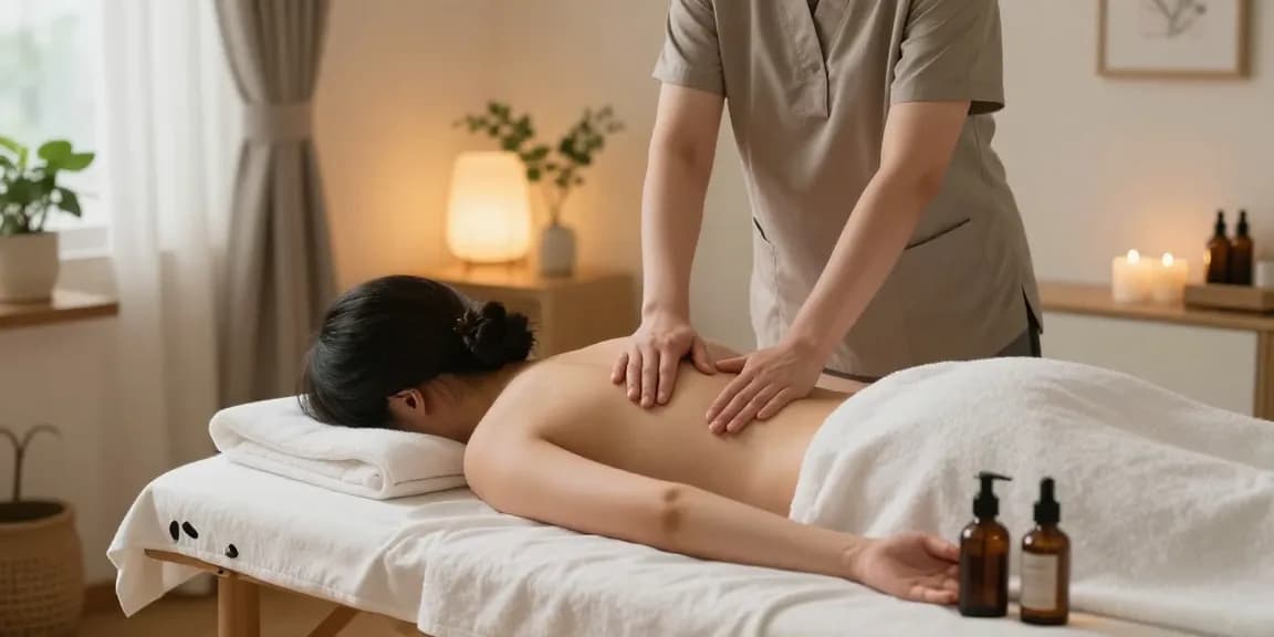 Relaxing 김포출장안마 massage scene showcasing a peaceful home environment with a professional therapist and serene decor.