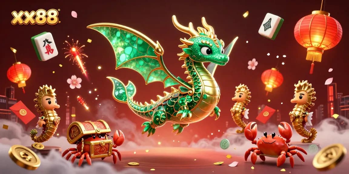 xx88 casino scene with a majestic sea dragon, gold treasures, and festive elements