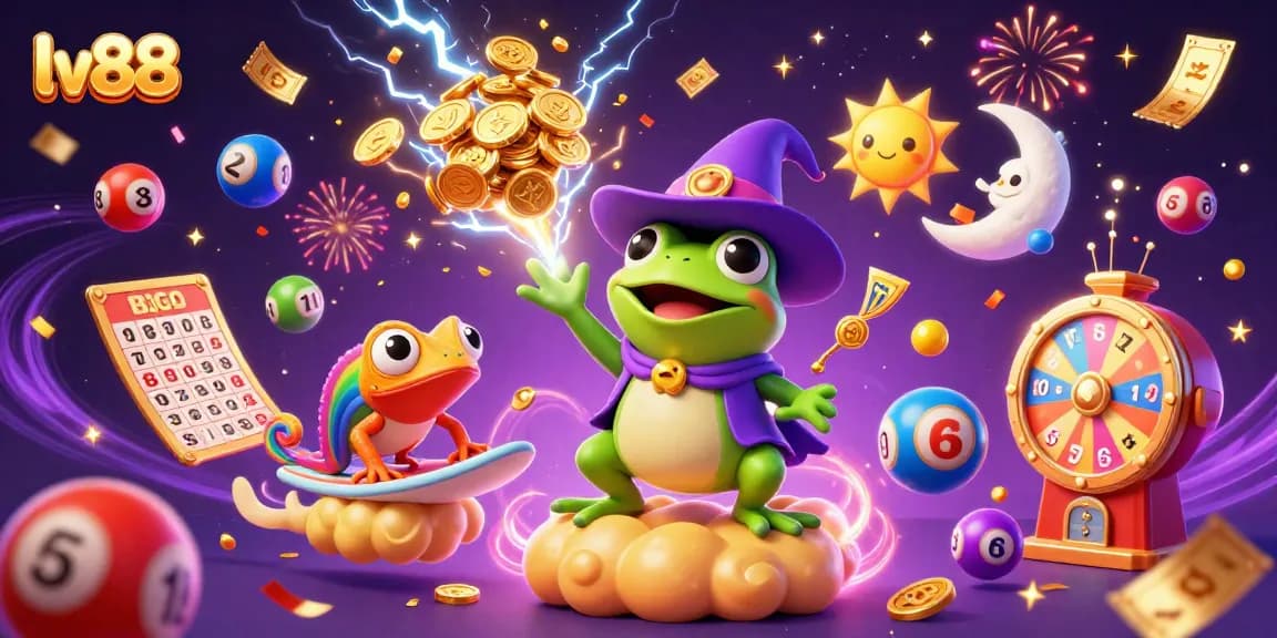 Join the excitement at lv88 with golden coins raining down from a weather wizard frog and a chameleon surfing on a cloud.