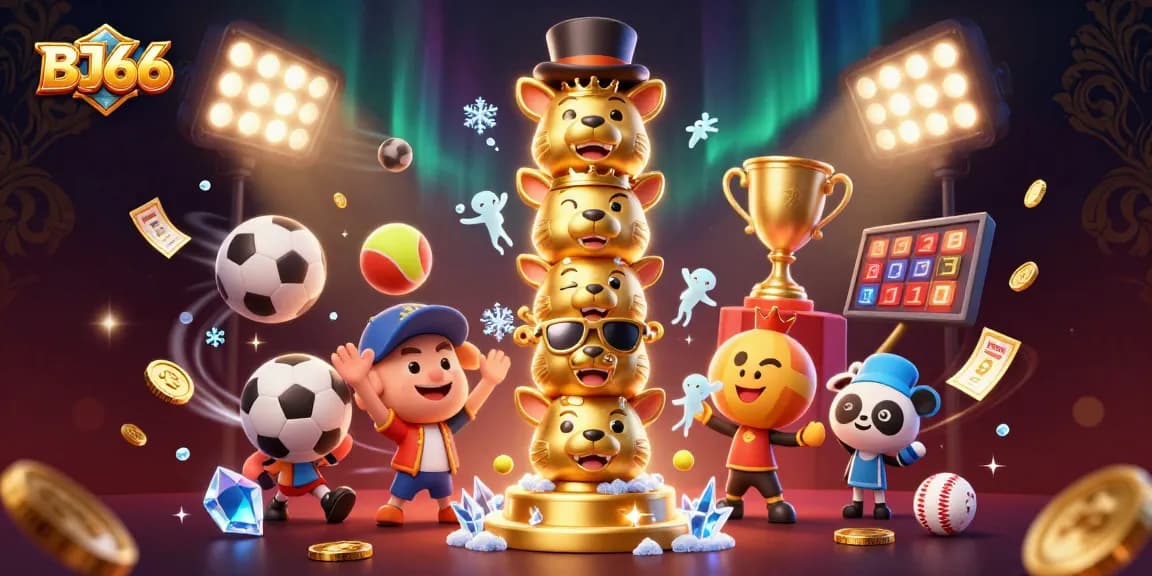 BJ66 showcases a vibrant 3D scene featuring a golden totem pole with dynamic sports balls and casino elements.