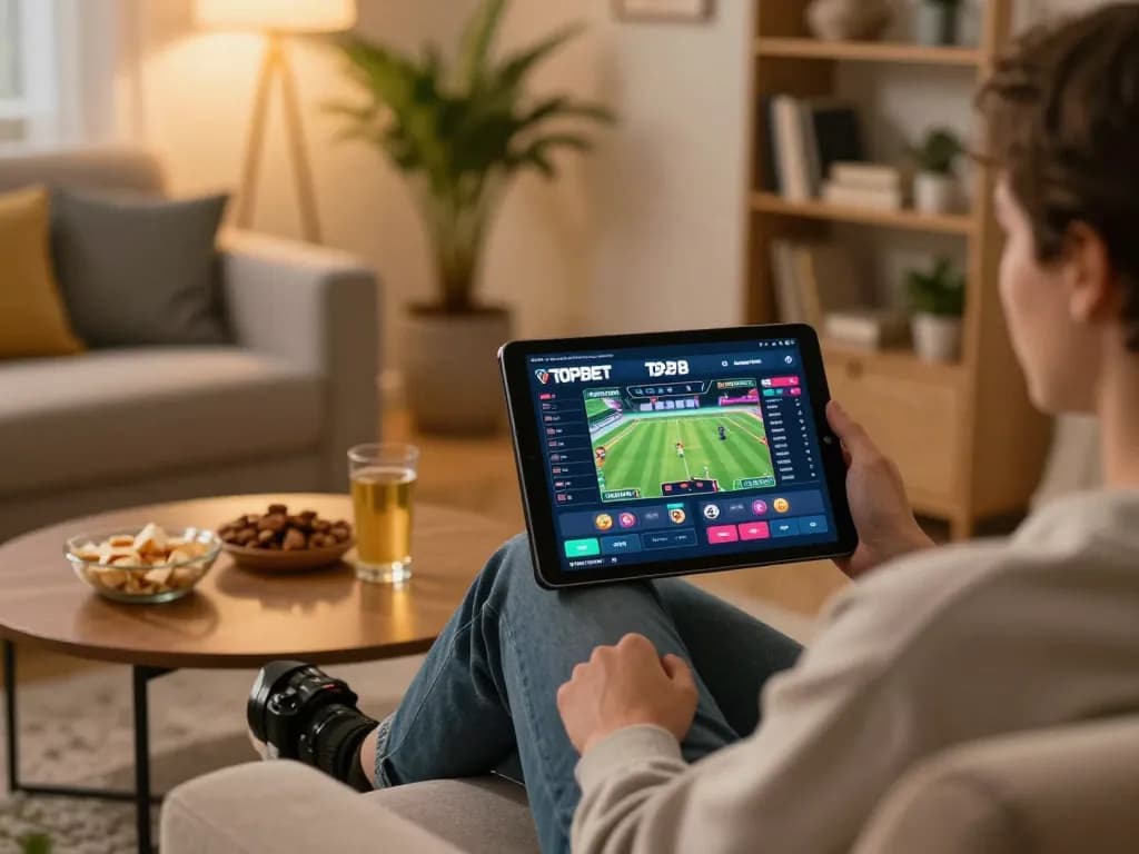 Engaging scene with a person using TOPBET on a tablet for sports betting, reflecting a cozy online gambling atmosphere