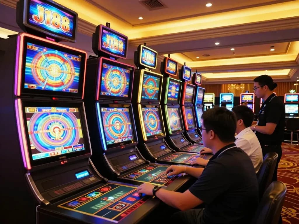 Players enjoying vibrant slot machines at J188 casino, showcasing excitement and engagement.