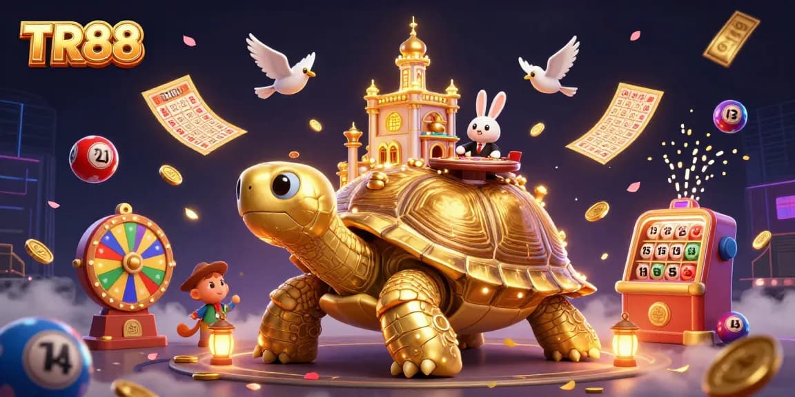 Engage in thrilling gaming at TR88 with a vibrant casino scene featuring a tortoise casino and a rabbit dealer.