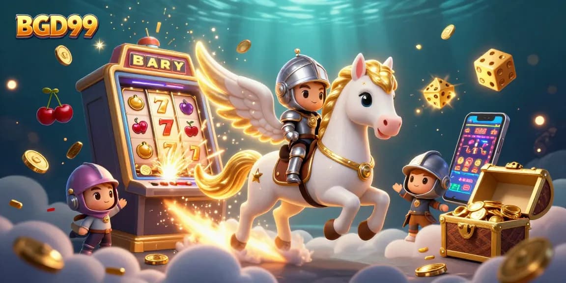 Experience the excitement of BGD99 with vibrant slot machines, golden dice, and stunning game elements.