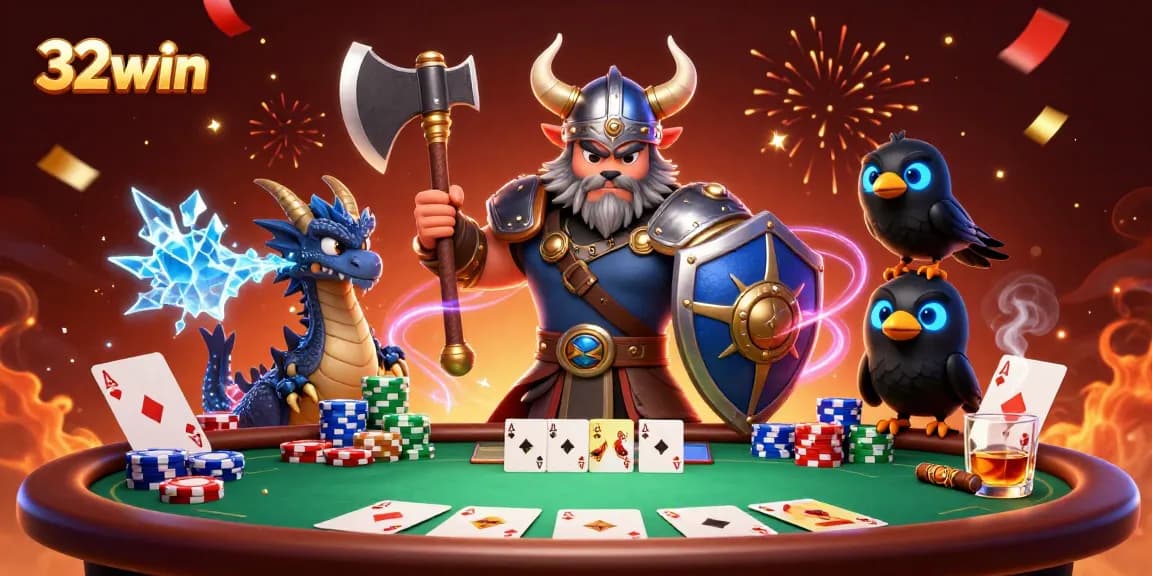 Engage in thrilling poker action with 32win, featuring a Viking warrior, dragon, and magical elements.