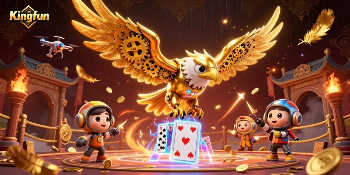 Experience thrilling gameplay with Kingfun’s dynamic casino illustration featuring a golden eagle amidst holographic cards.