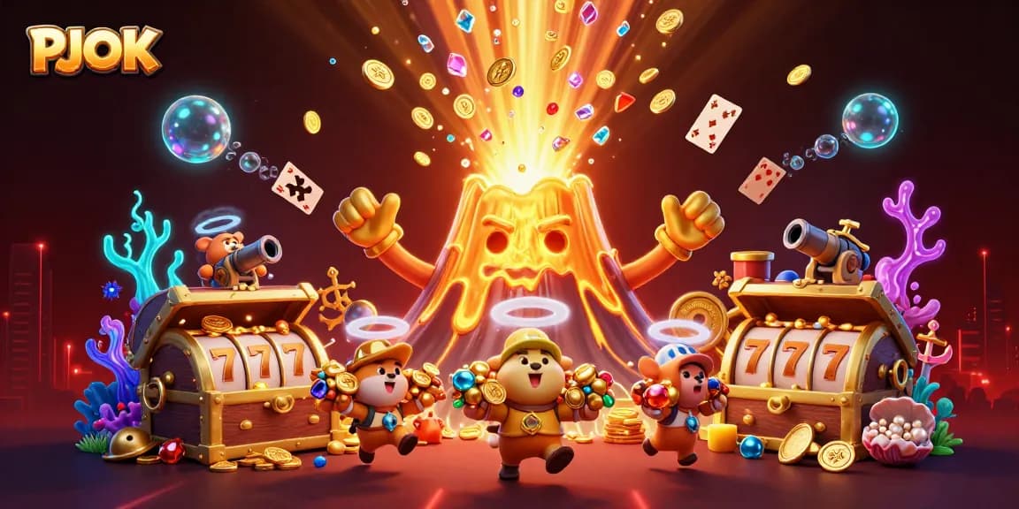 Experience thrilling wins at PJOK with cartoon volcano, treasure chests, and vibrant slot reels.