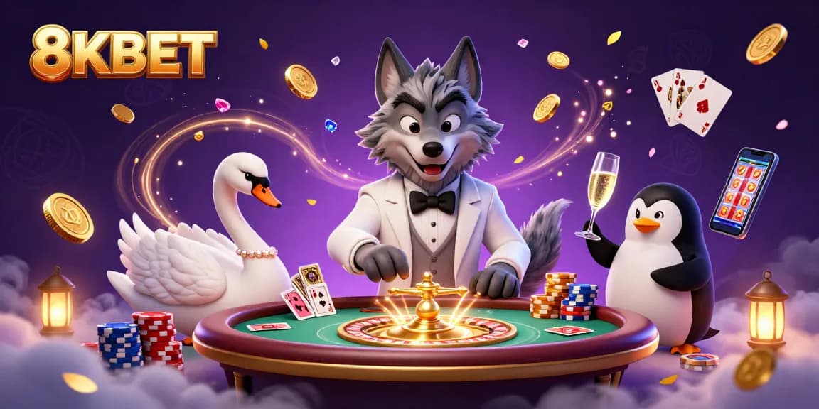 Engage with 8KBET's vibrant 3D casino scene featuring a debonair wolf at baccarat
