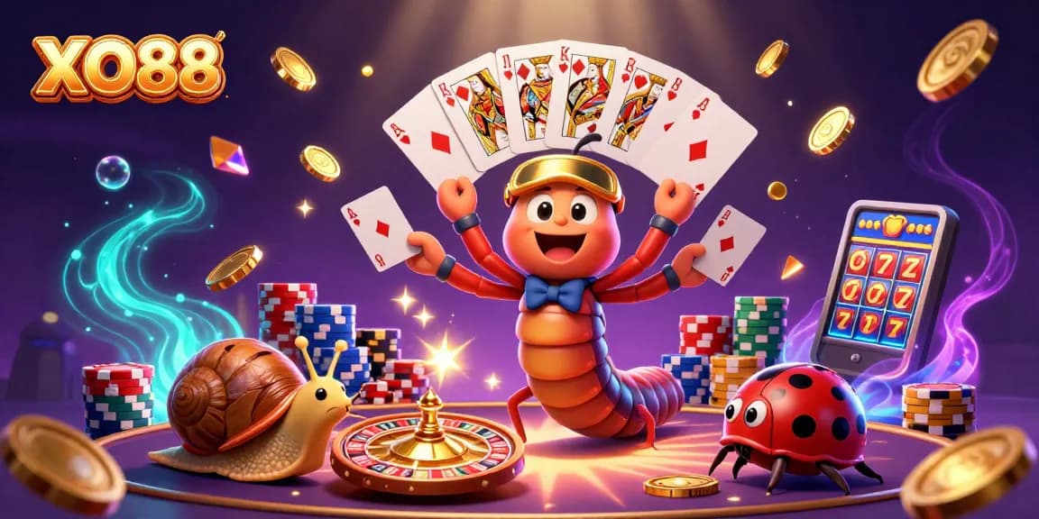 Experience the fun at XO88 with a vibrant casino scene featuring a cartoon millipede dealer and massive chip stacks.
