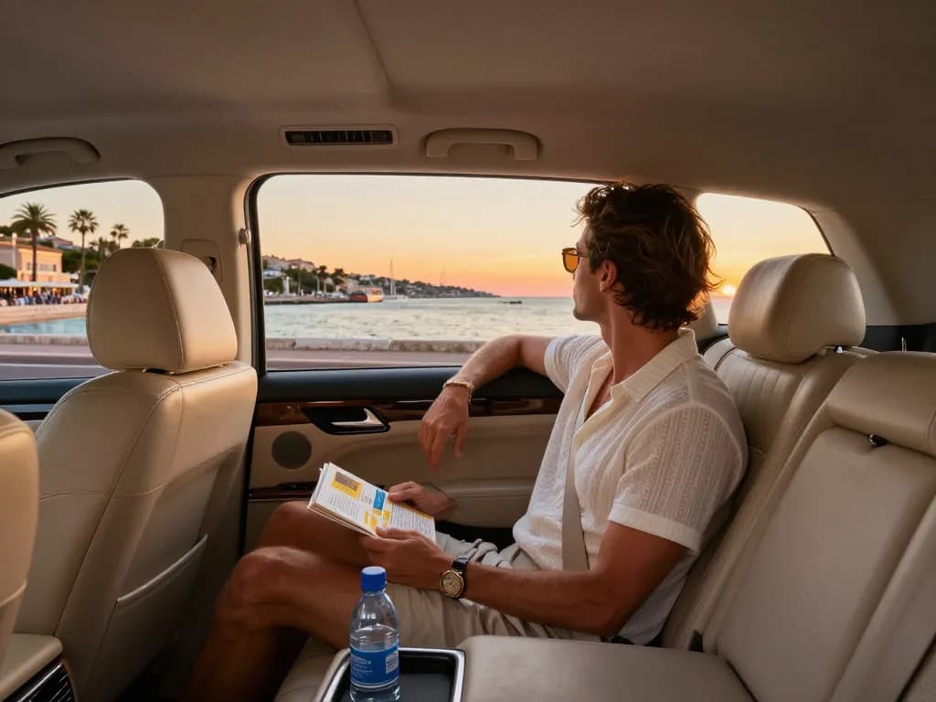 Taxi Saint-Tropez - Trajet luxueux au coucher du soleil, mettant en valeur un intérieur élégant et des vues côtières.