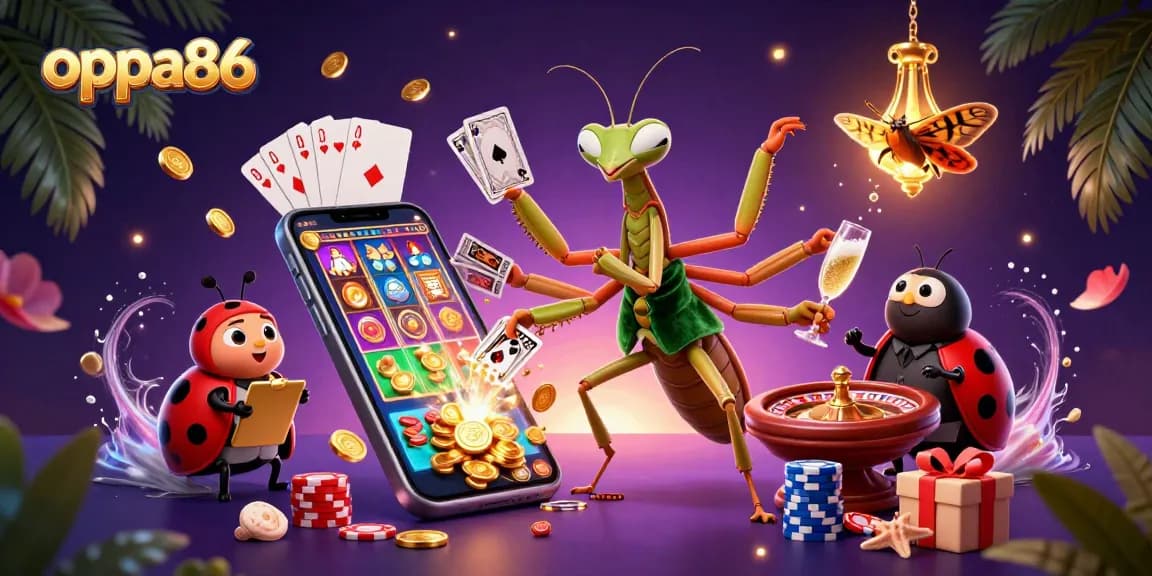 oppa86 showcases a dynamic 3D scene with a giant praying mantis card sharp and vibrant casino elements.