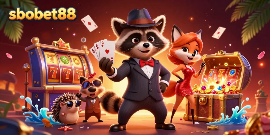 Play exciting casino games with sbobet88 featuring raccoon, fox lady, and hedgehog bouncer.