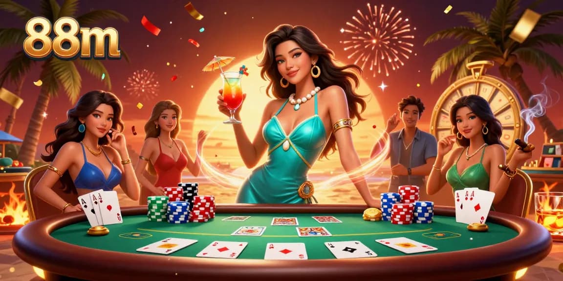 Experience thrilling moments with 88m in this vibrant beach casino scene featuring a glamorous Asian woman.
