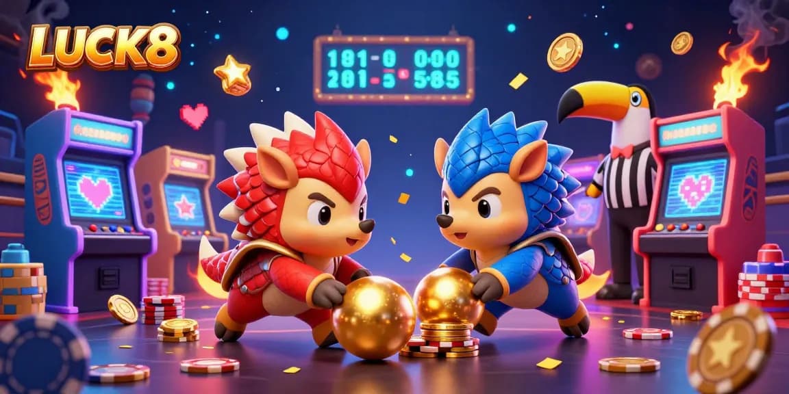 Engage in competitive gameplay with LUCK8 as rival pangolins roll bowling balls through poker chips amid a colorful casino backdrop.