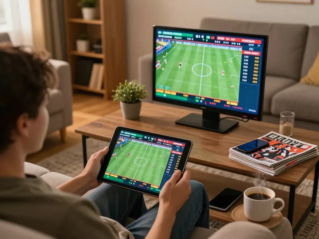Person engaging in online sports betting on tablet while following บ้านผลบอล7m scores and live updates in a cozy living room.