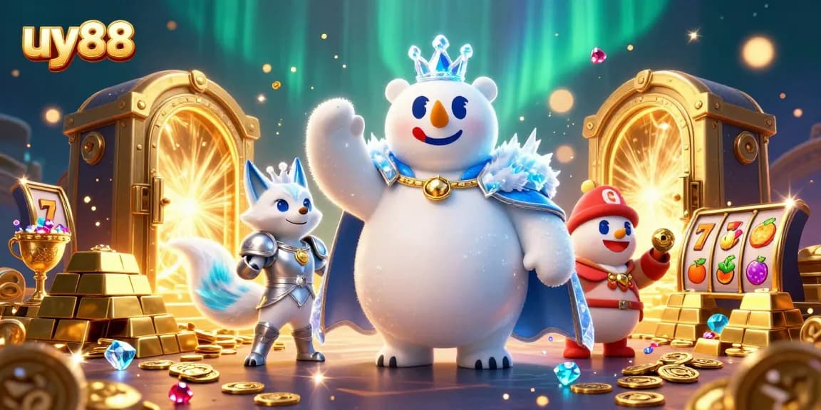 Experience thrilling wins with uy88 in this vibrant 3D casino scene featuring slots and treasure.