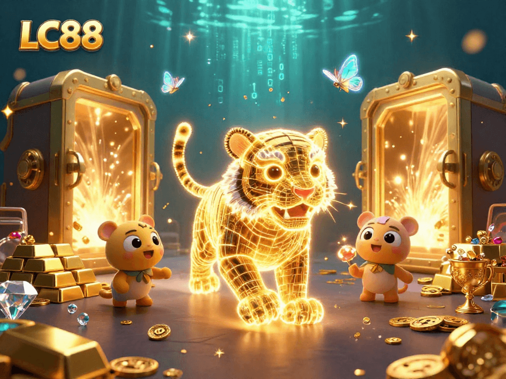 Experience the magical world of LC88, where a golden tiger prowls amidst shining treasures in a digital casino.