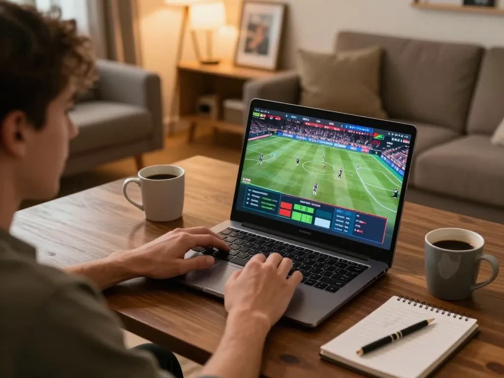 Engaging in kèo nhà cái 5 from home, analyzing sports betting odds on a laptop
