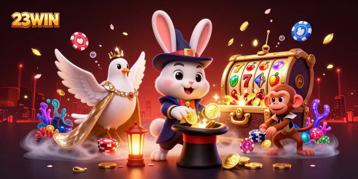 Experience 23WIN's magical casino scene as the rabbit conjures coins amidst slot machine excitement.