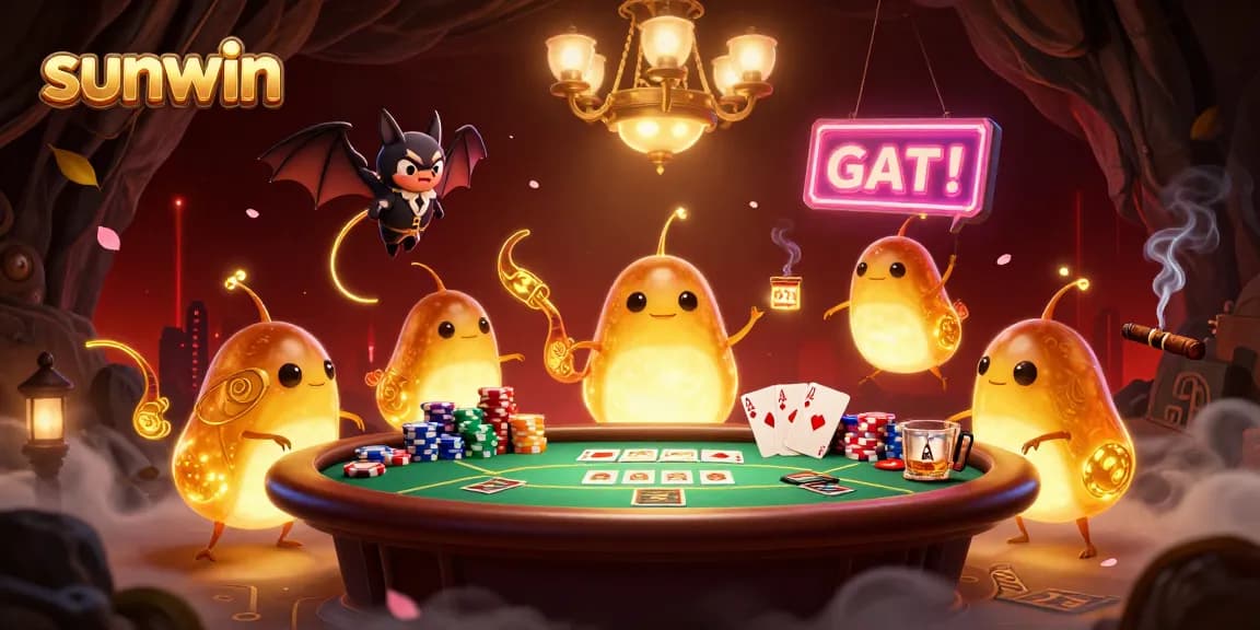 Experience sunwin's vibrant cave casino with glowing glowworms and a bat dealer.