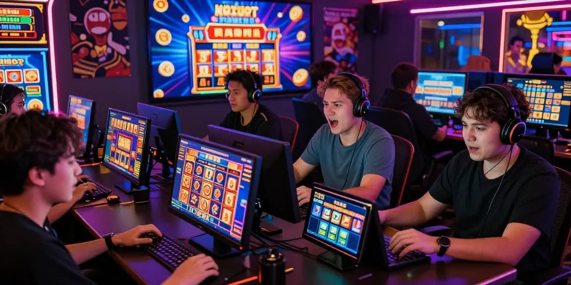 Players enjoying vibrant katatogel slot games on multiple devices, showcasing excitement and engagement.