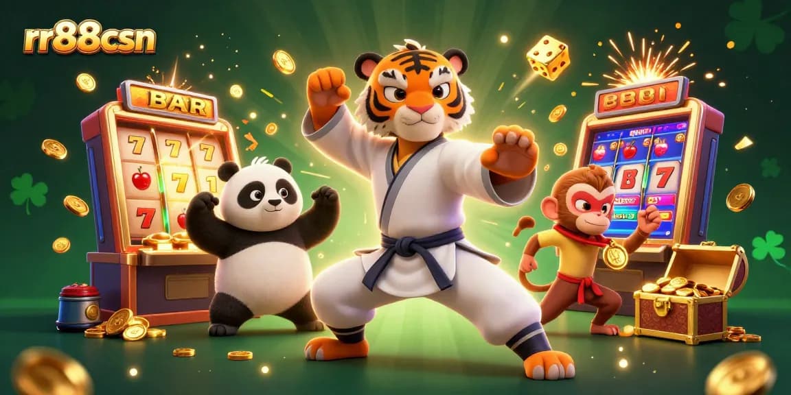 Join the excitement at rr88csn as the kung fu tiger leads a lively casino scene with action-packed elements.
