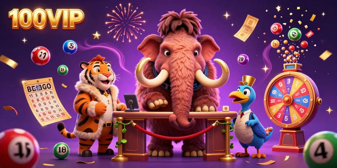 Experience the vibrant 100VIP casino atmosphere with a woolly mammoth bouncer and dynamic lottery elements.